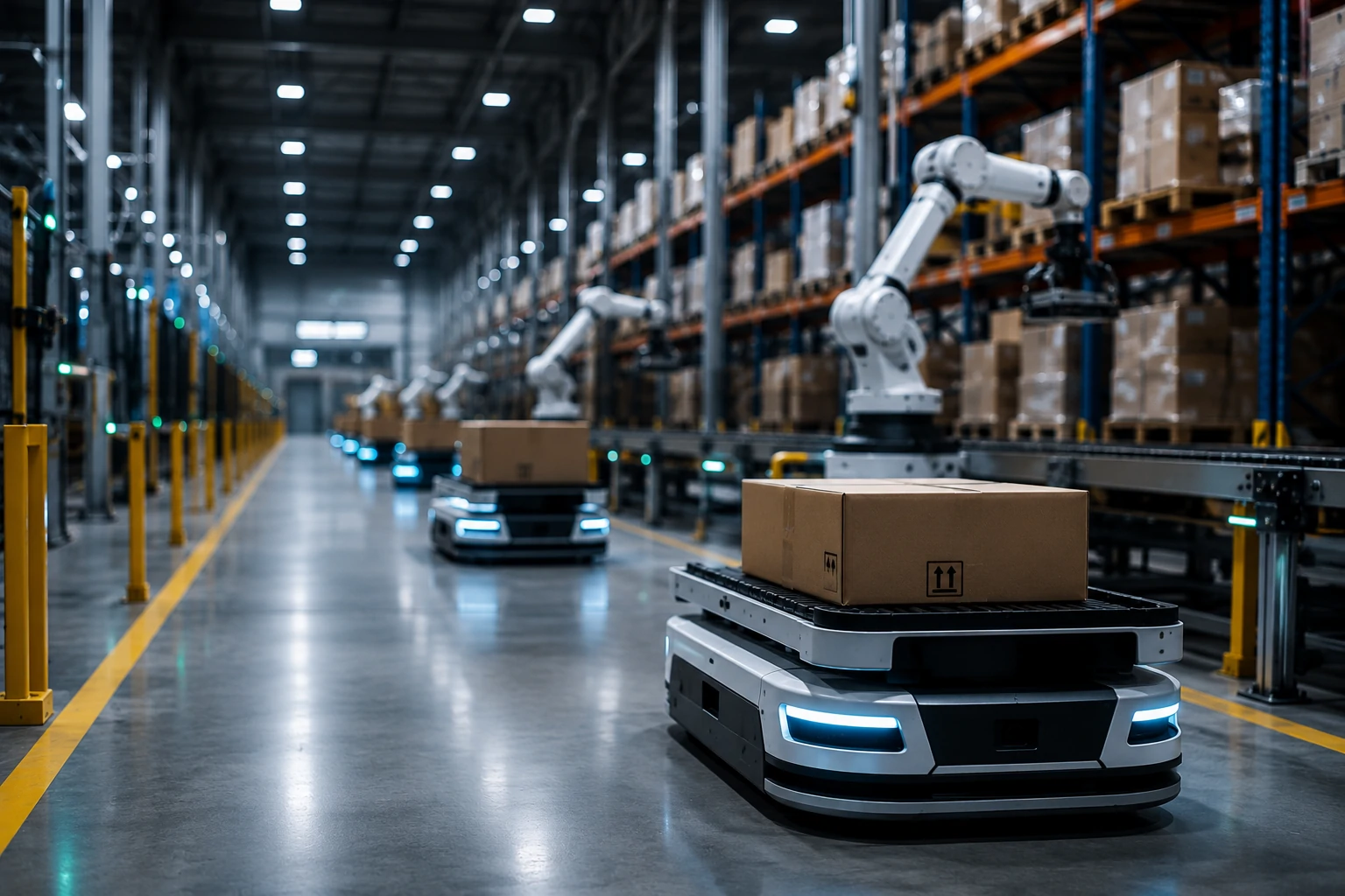 Centro logístico utilizando robôs autônomos com inteligência artificial