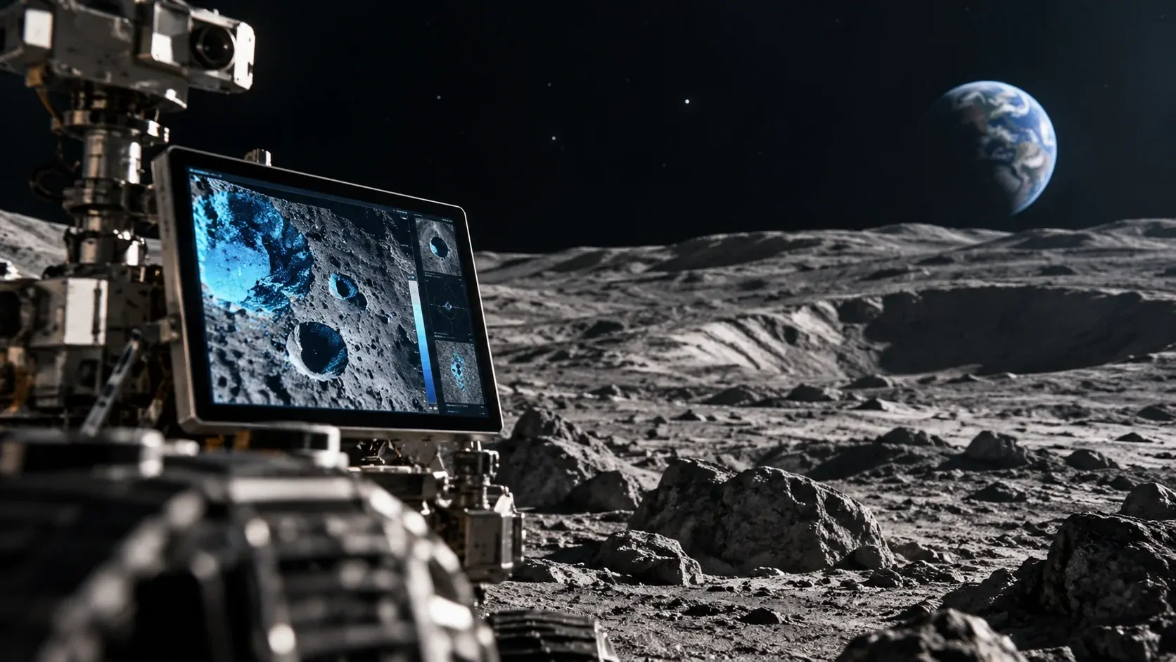 Representação da inteligência artificial analisando o terreno lunar em busca de gelo e possíveis locais de pouso