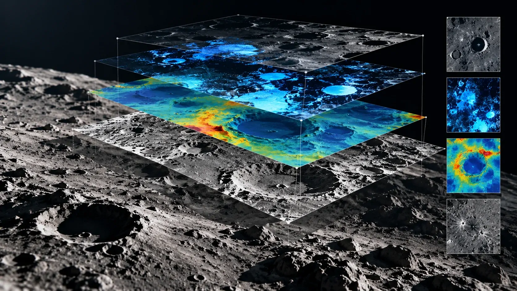 Mapa lunar com diferentes camadas de dados geofísicos sendo combinadas por inteligência artificial