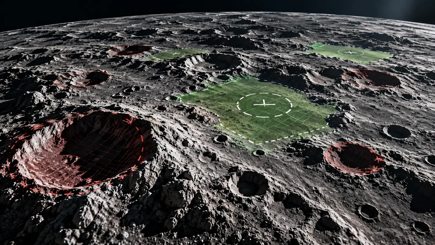 Mapa de crateras lunares destacando áreas do terreno relevantes para planejamento de pouso