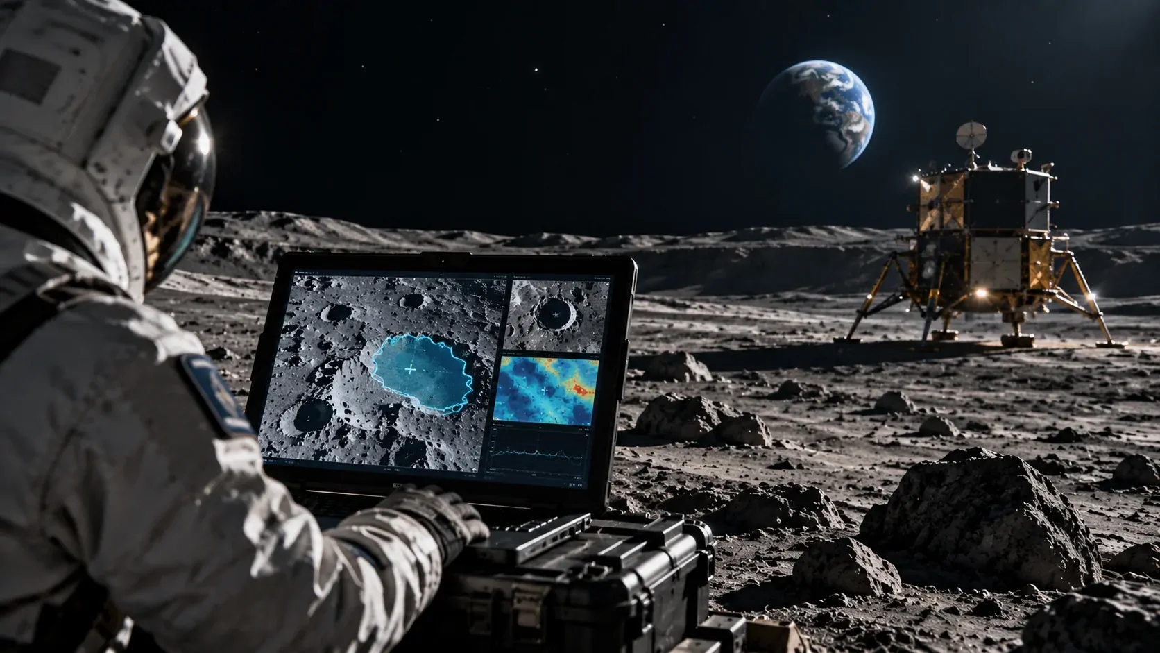 Representação de inteligência artificial analisando mapas lunares para apoiar futuras missões de exploração