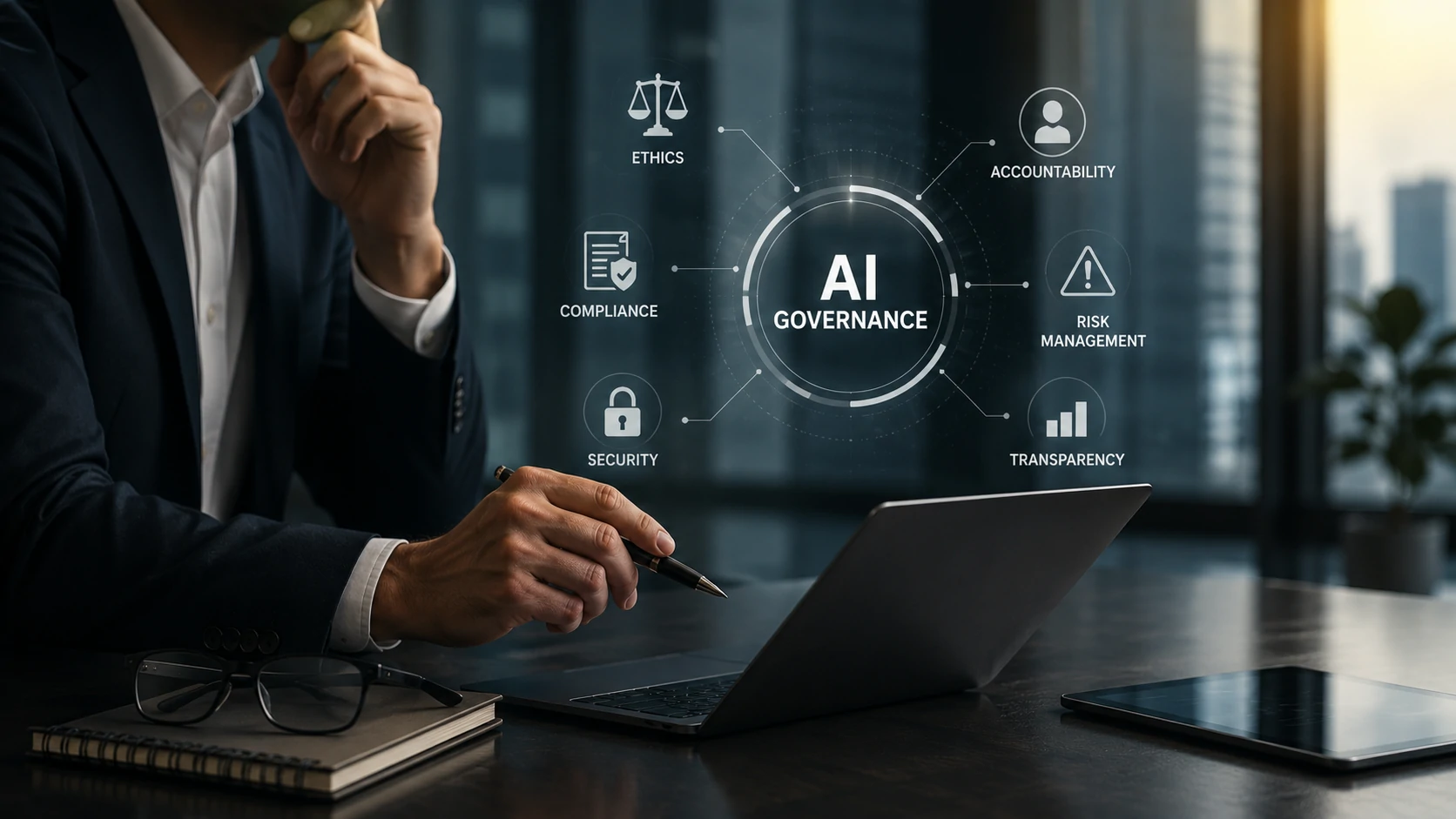 Executivos analisando governança de inteligência artificial em ambiente corporativo