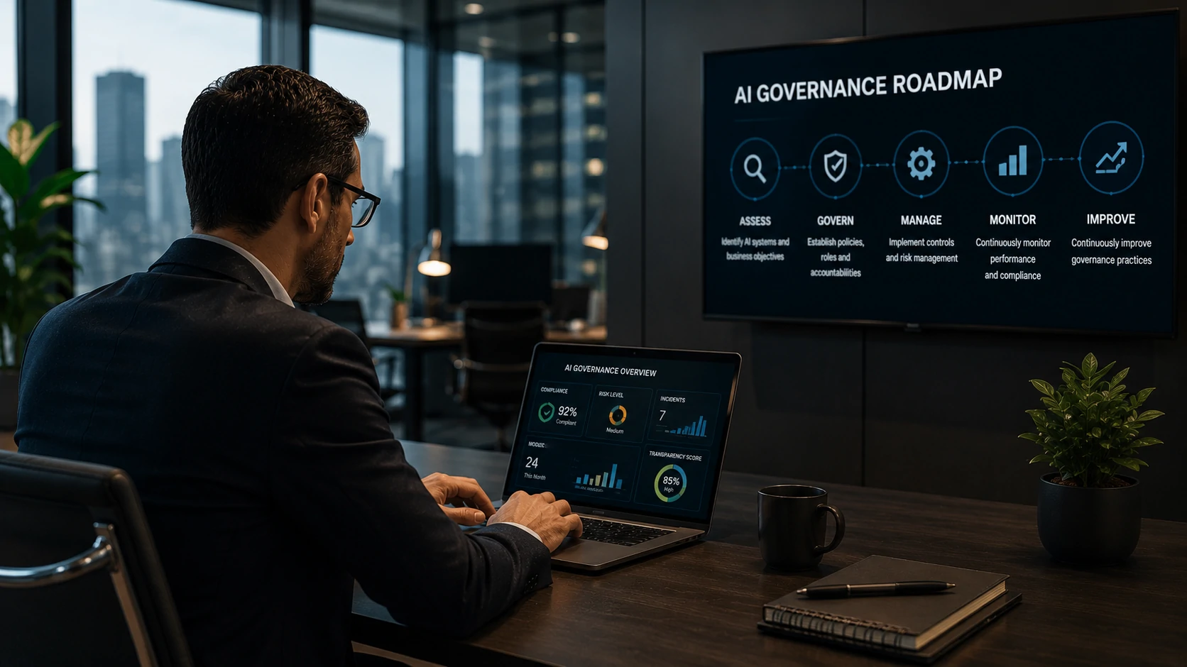 Líderes analisando indicadores de governança de IA