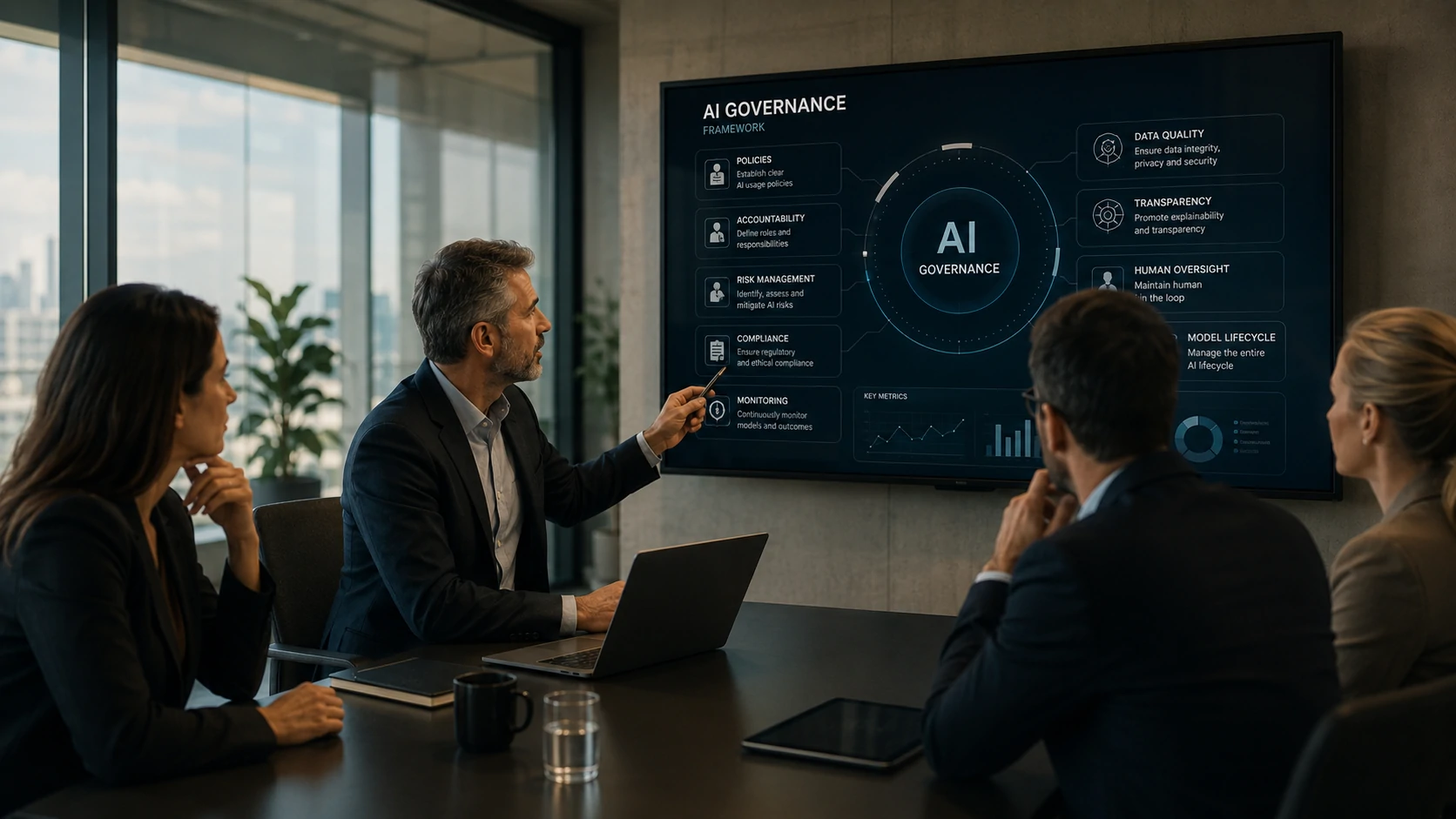 Executivos analisando políticas de AI Governance em uma empresa