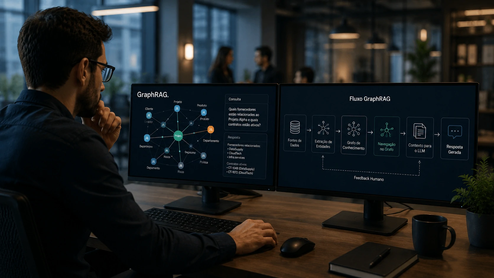 GraphRAG architecture connecting an AI model to an enterprise knowledge graph.