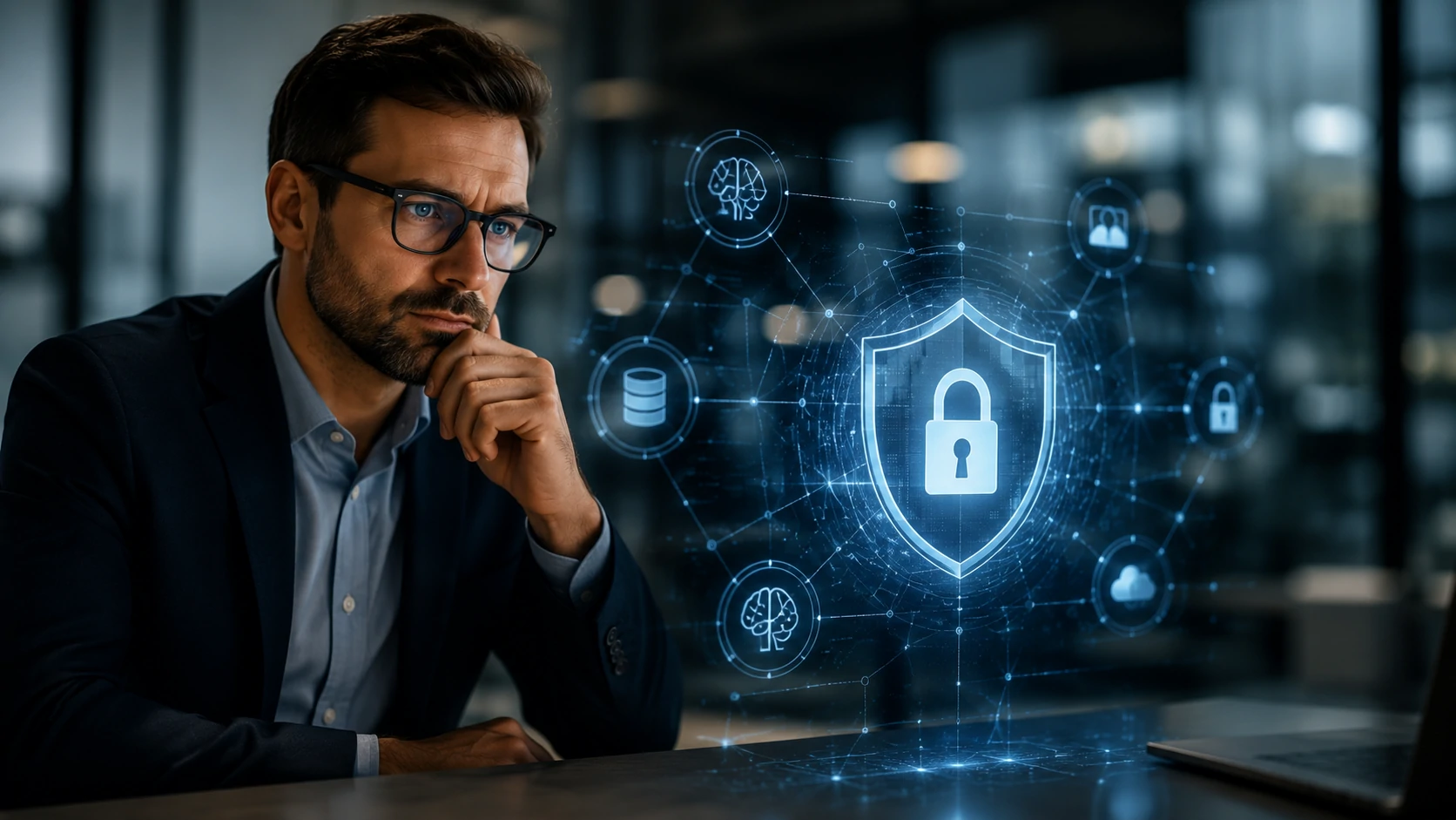 Executivo observa ambiente corporativo protegido por camadas digitais de segurança para inteligência artificial.