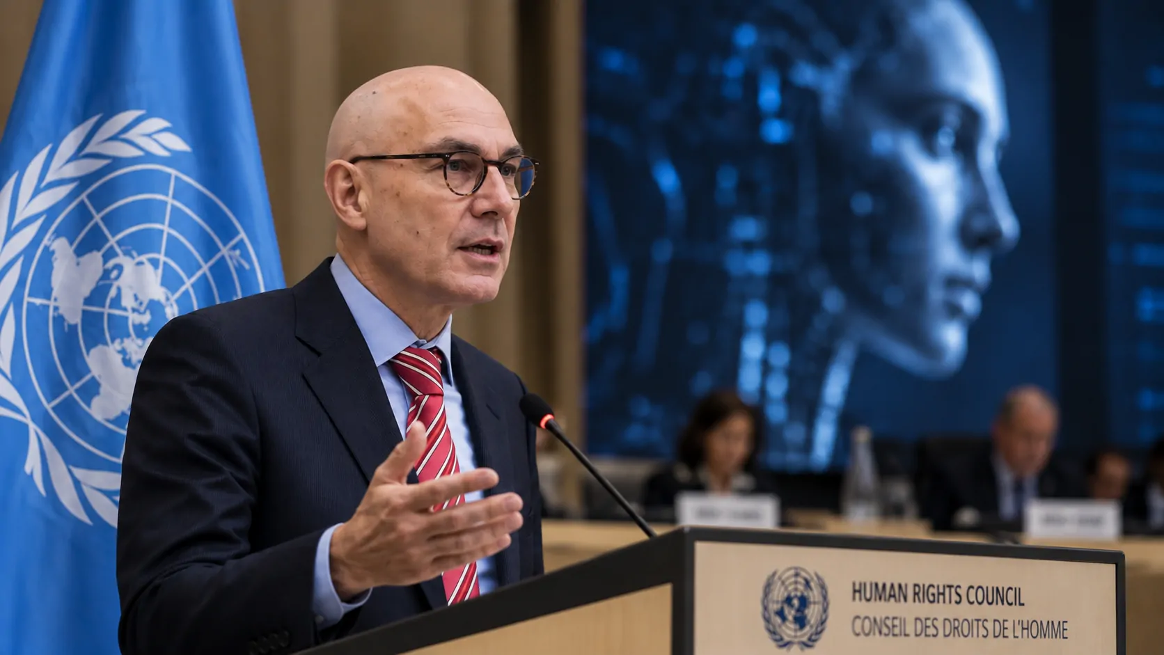Editorial representation of the United Nations facing the rise of advanced artificial intelligence