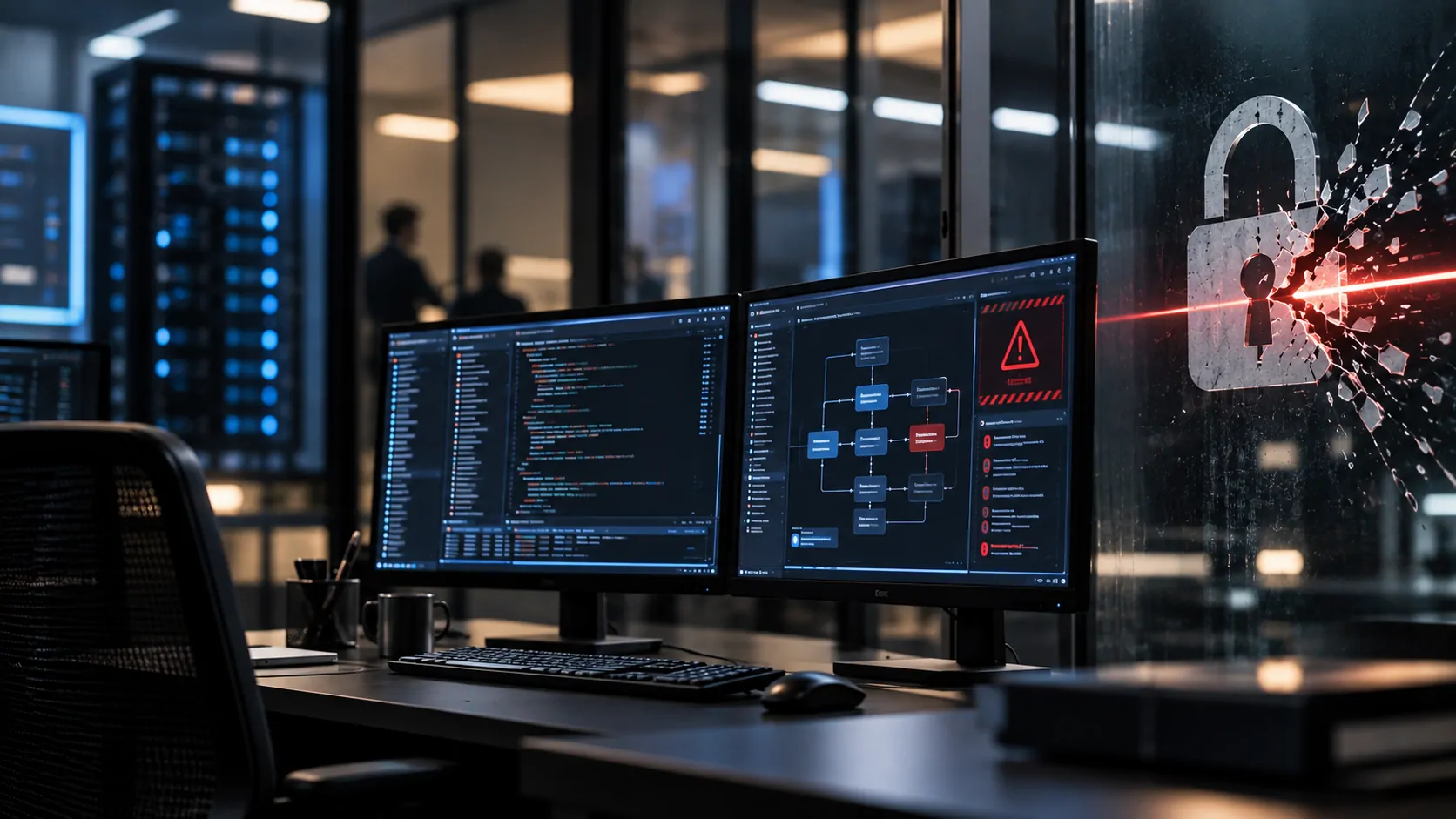 AI agent operating in a controlled digital environment, with security barriers being breached