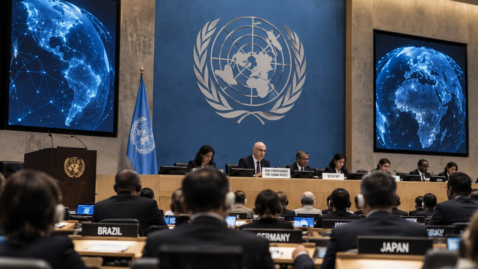 Representatives from different countries facing a global artificial intelligence interface, symbolizing the creation of international rules