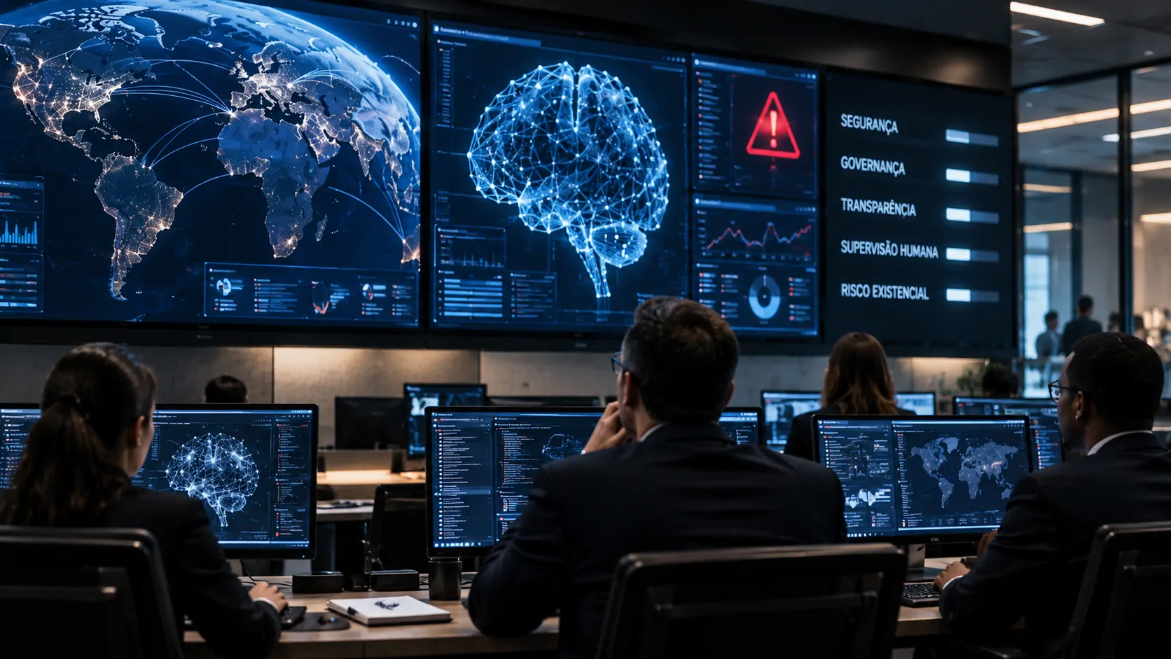 Corporate operations center monitoring multiple artificial intelligence agents with layers of security and human oversight