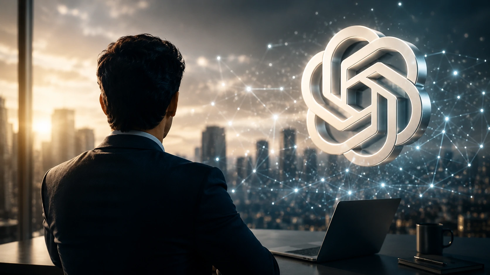 Executivos analisando agentes de IA da OpenAI em ambiente corporativo moderno