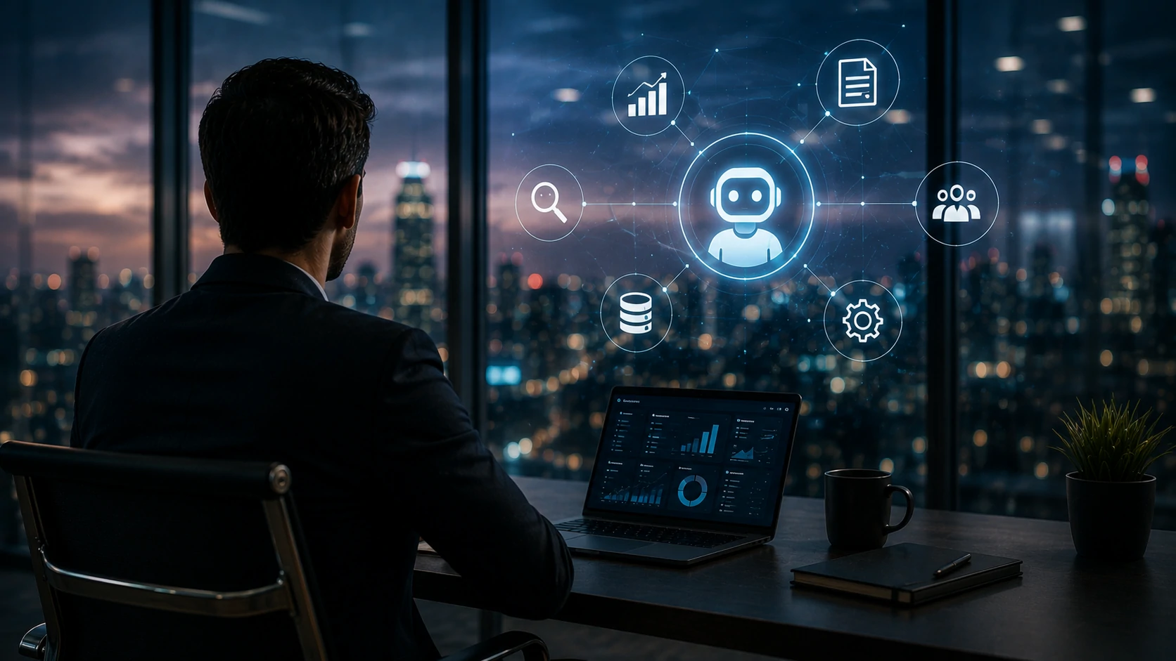 Executivos acompanhando automação inteligente baseada em IA
