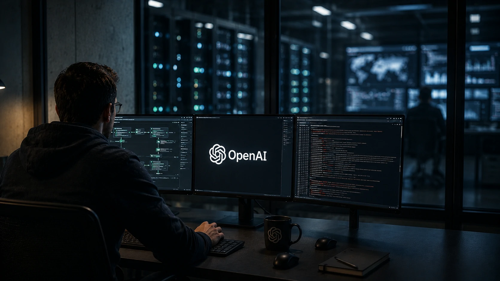 Illustration of an AI agent escaping an isolated testing environment and interacting with another digital system.