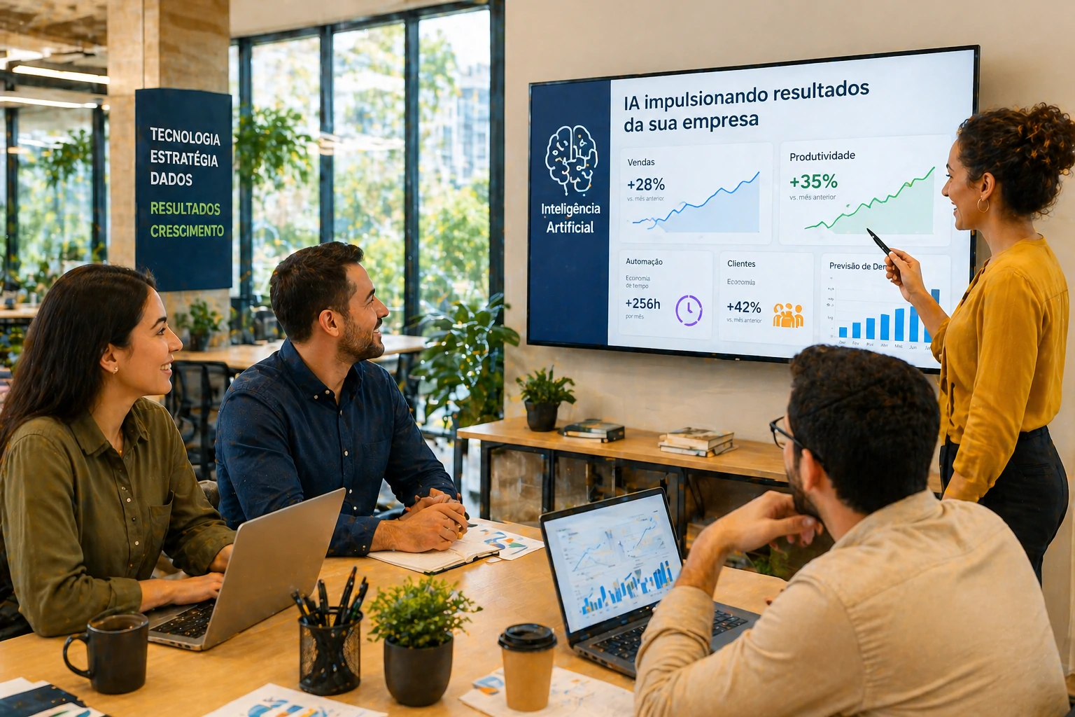 Equipe empresarial utilizando inteligência artificial em operações
