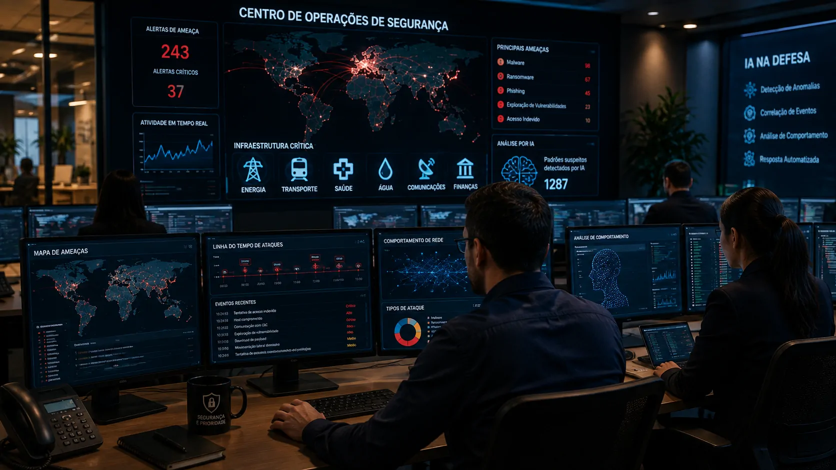 Equipe corporativa de segurança cibernética monitorando infraestrutura crítica e ameaças digitais geradas por inteligência artificial