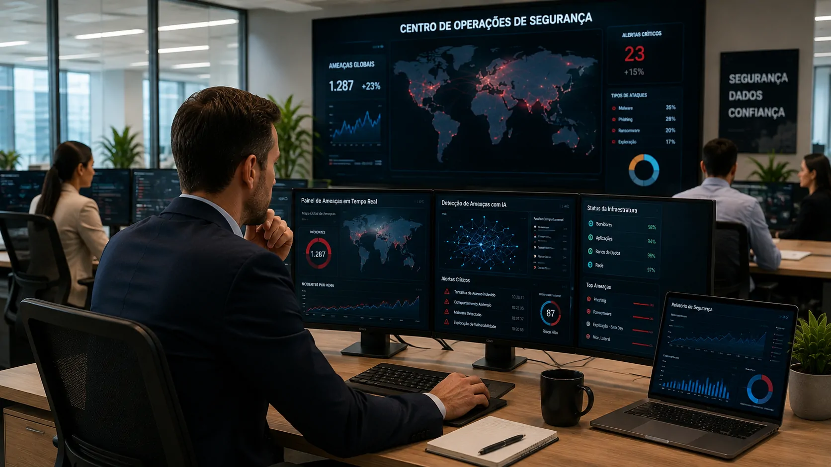Executivo analisando estratégia de segurança de IA enquanto sistemas corporativos monitoram ameaças digitais em tempo real