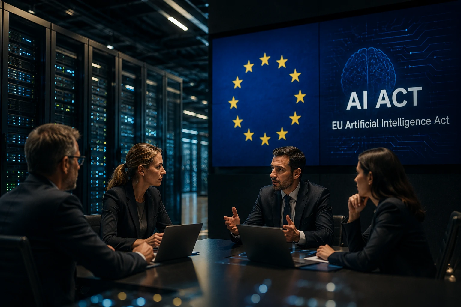 Illustration of data centers, AI companies and European regulators