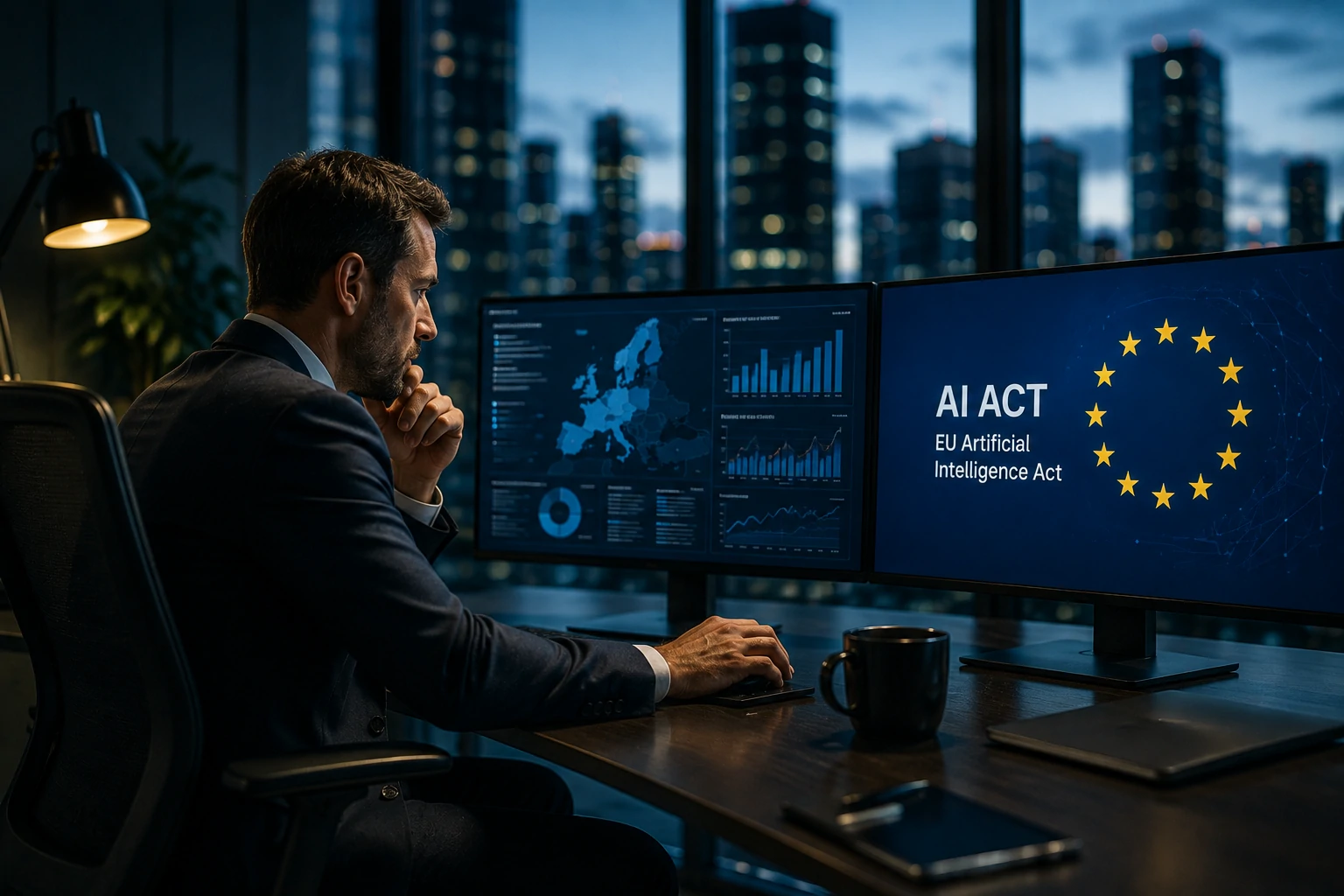Business executives reviewing AI governance dashboards