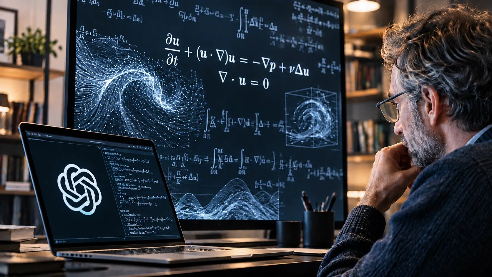 Representação das equações de Navier-Stokes ao lado de uma inteligência artificial analisando uma prova matemática
