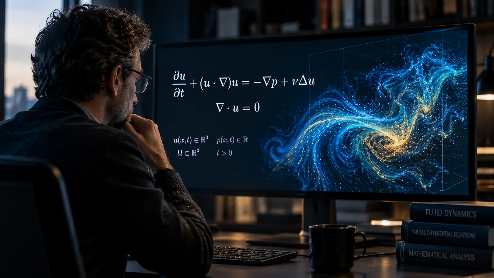 Sistema de inteligência artificial analisando uma representação das equações de Navier-Stokes