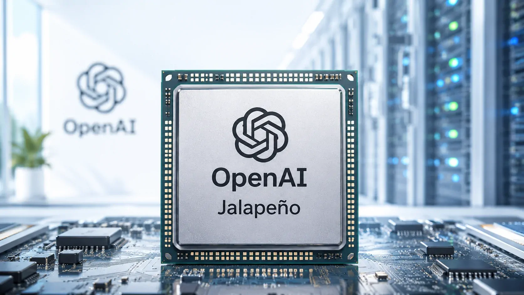 Chip de inteligência artificial da OpenAI representando o Jalapeño ao lado de servidores