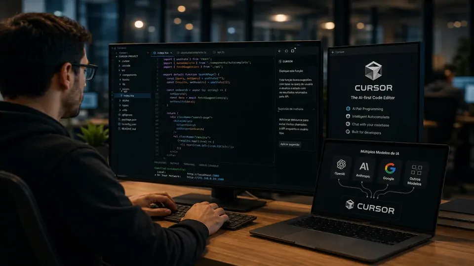 Arquitetura empresarial de inteligência artificial mostrando diferentes fornecedores de modelos conectados a aplicações e sistemas corporativos