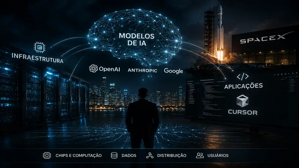 Infraestrutura de inteligência artificial conectando modelos, plataformas e aplicações empresariais