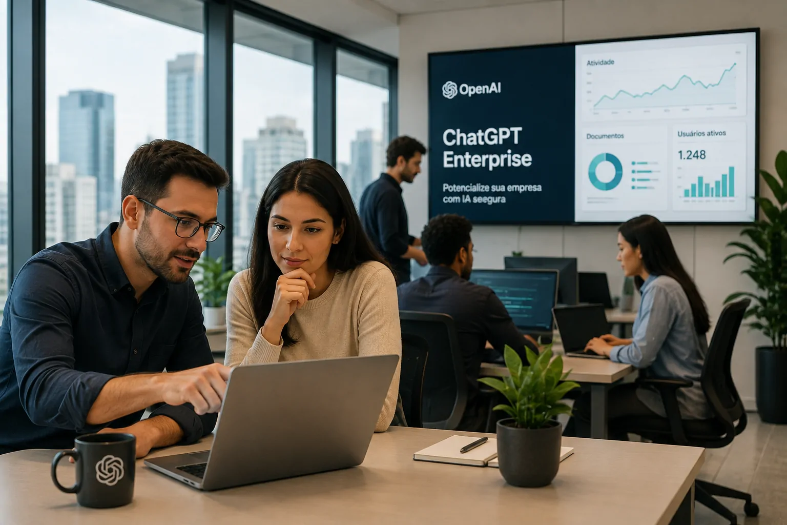Equipe trabalhando em uma empresa brasileira com aplicações de inteligência artificial integradas aos processos corporativos