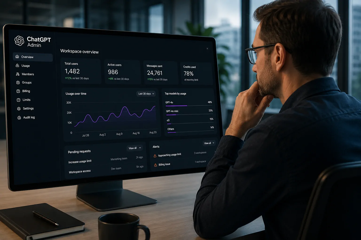 Administrador analisando dados de uso e permissões de um workspace corporativo no ChatGPT