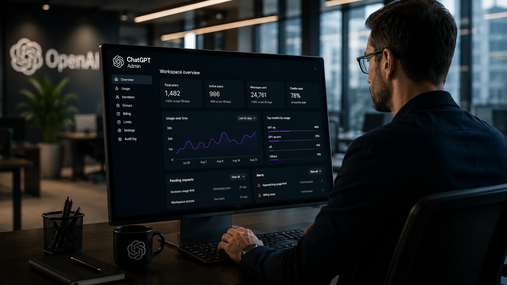 Equipe de tecnologia acompanhando a administração de um ambiente corporativo de IA por uma interface conversacional