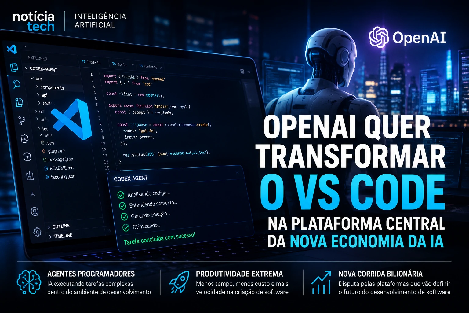 Desenvolvedor utilizando VS Code com agentes de inteligência artificial integrados em ambiente corporativo futurista