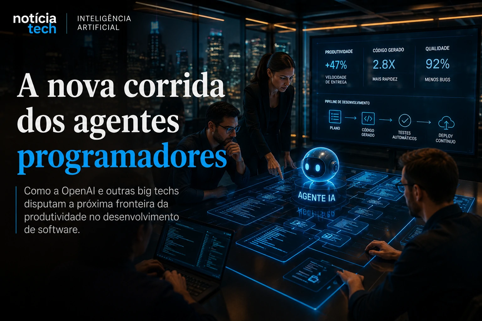 Equipe de tecnologia acompanhando agentes de IA criando software em tempo real
