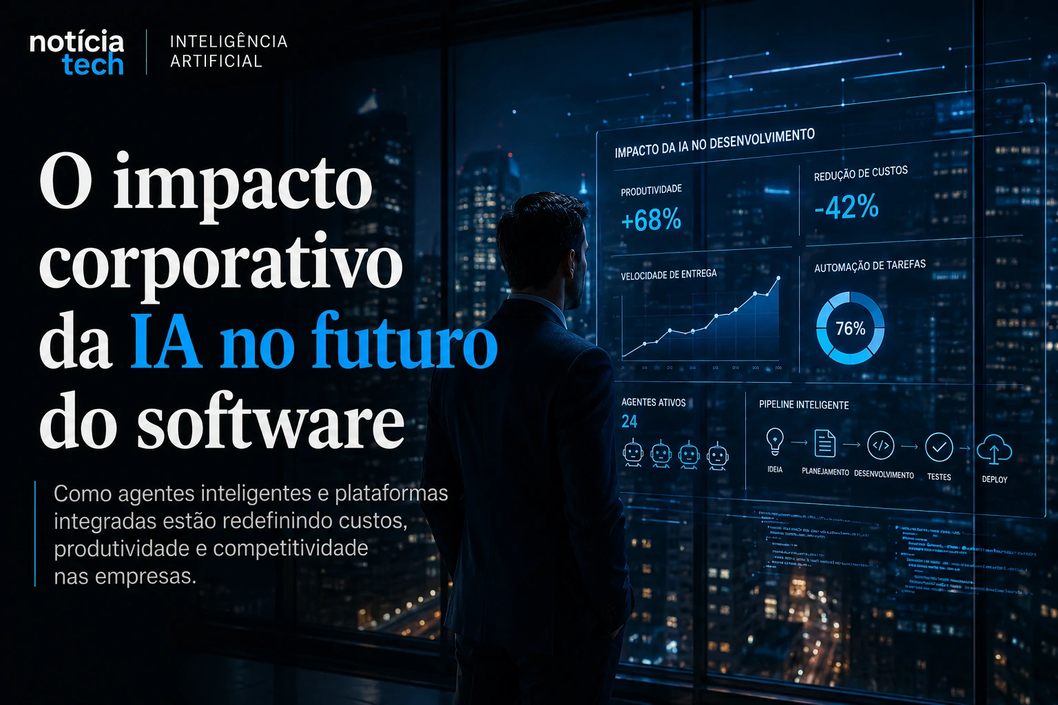 Executivos analisando dashboards de IA e produtividade em centro tecnológico futurista
