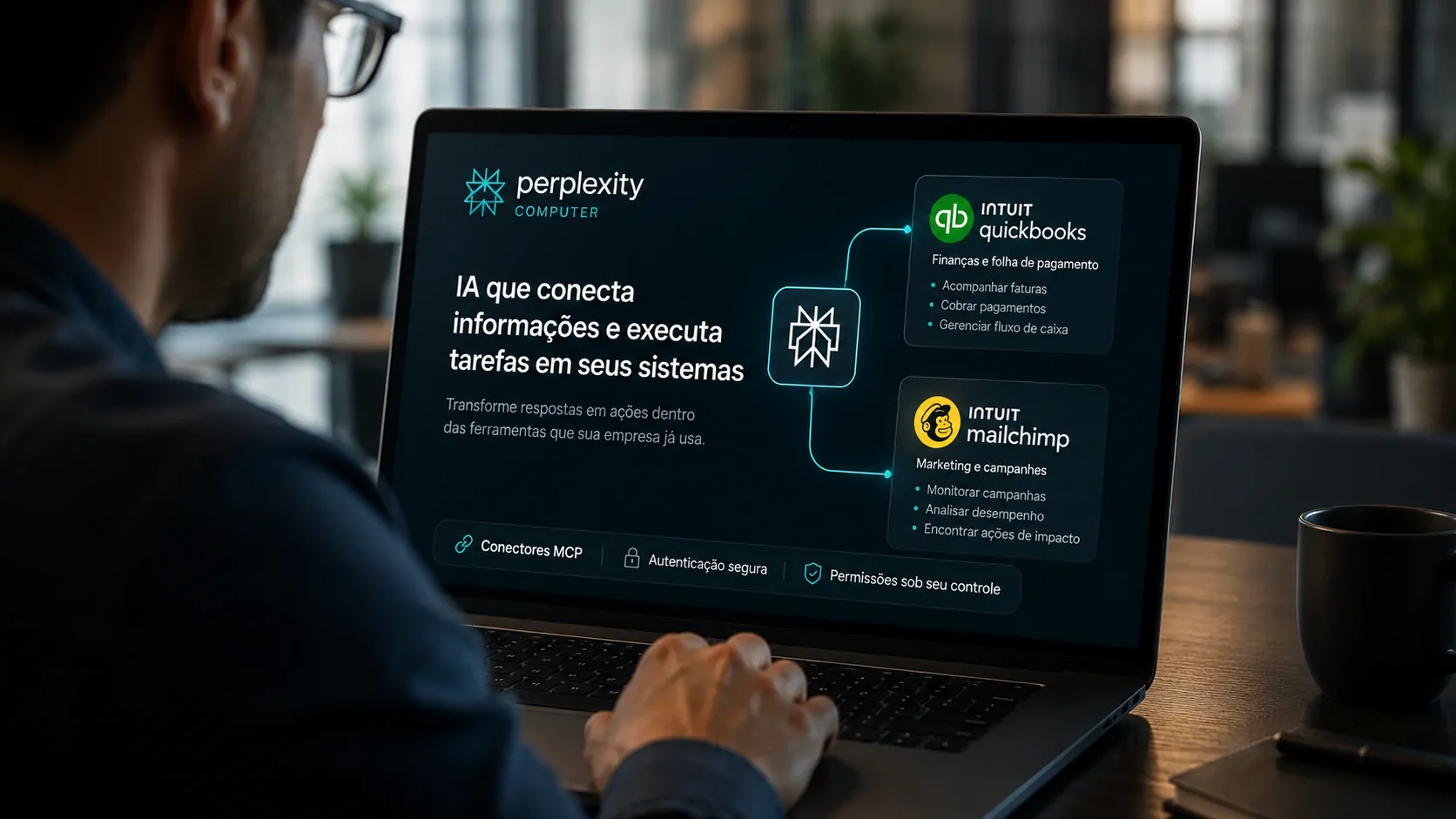 Perplexity Computer conectado ao QuickBooks e Mailchimp para executar tarefas empresariais