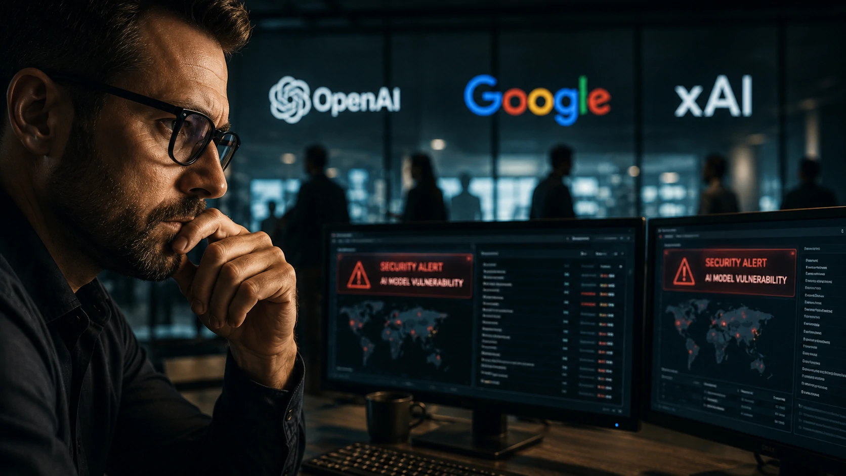 Illustration representing cyberattacks against enterprise AI models such as ChatGPT, Gemini, and Grok.