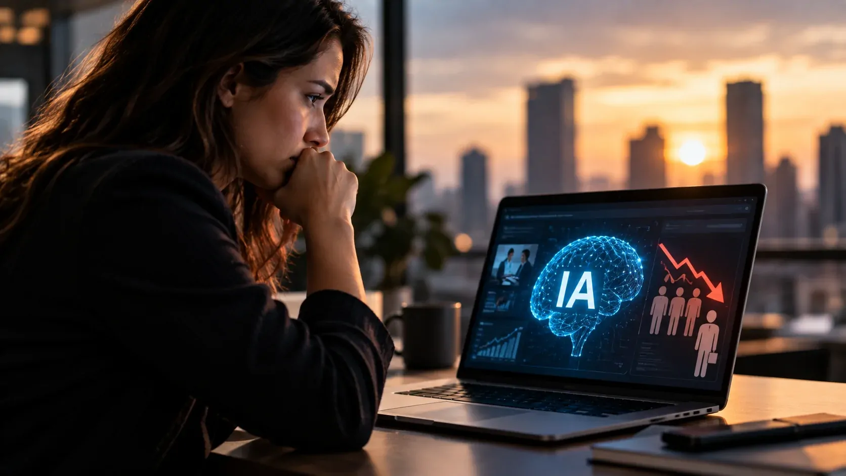 Profissional diante de uma tela com inteligência artificial e representação do mercado de trabalho