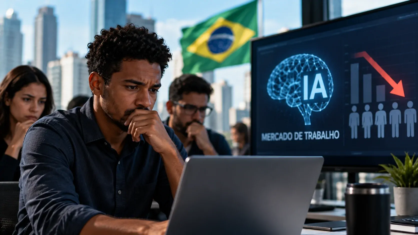 Representação de trabalhadores brasileiros diante de uma tela com inteligência artificial e gráficos sobre empregos