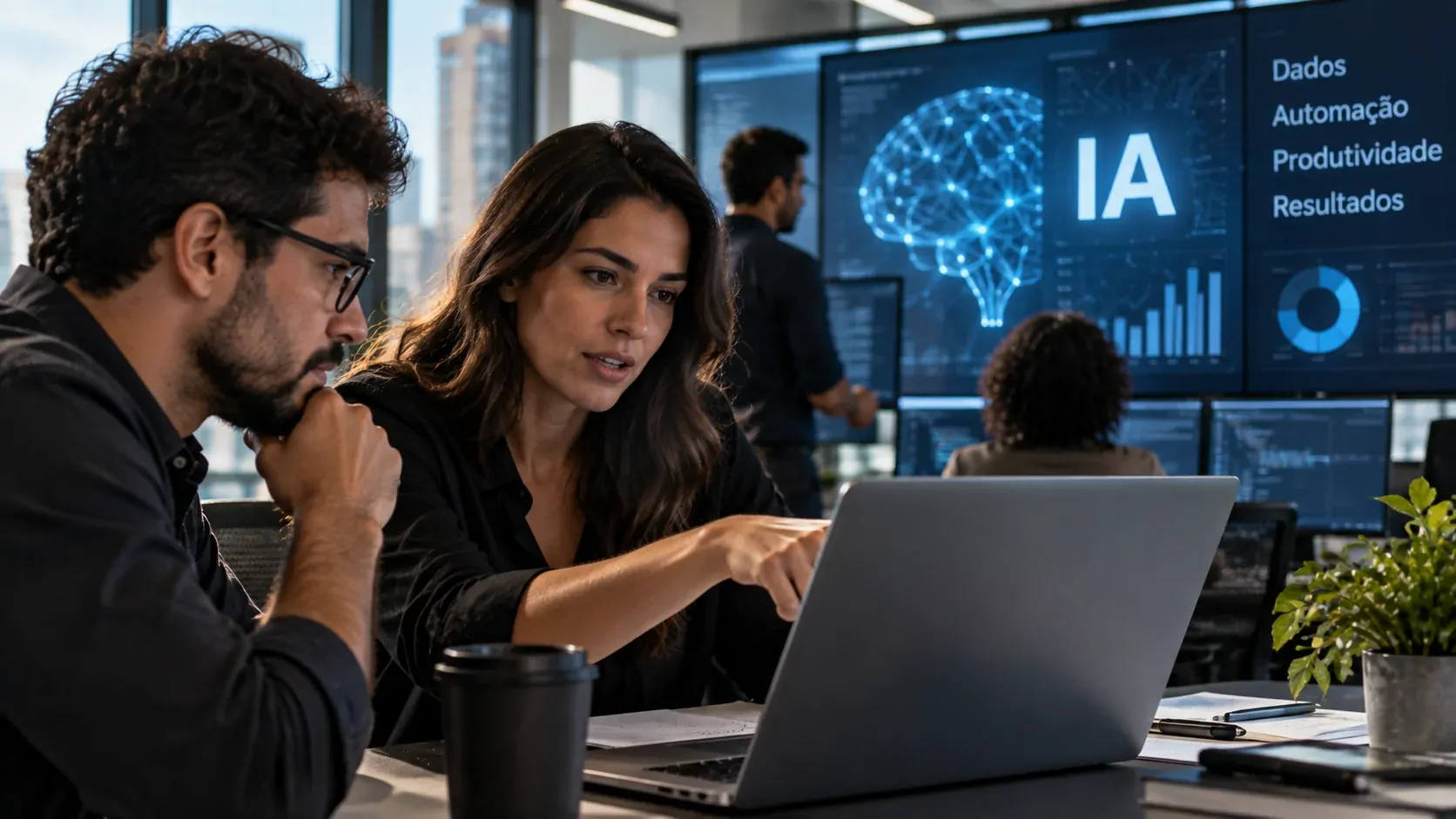 Profissionais brasileiros trabalhando com ferramentas de inteligência artificial em um ambiente corporativo