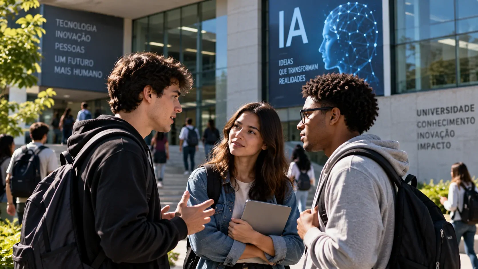 Jovem profissional analisando oportunidades de carreira ao lado de uma interface de inteligência artificial