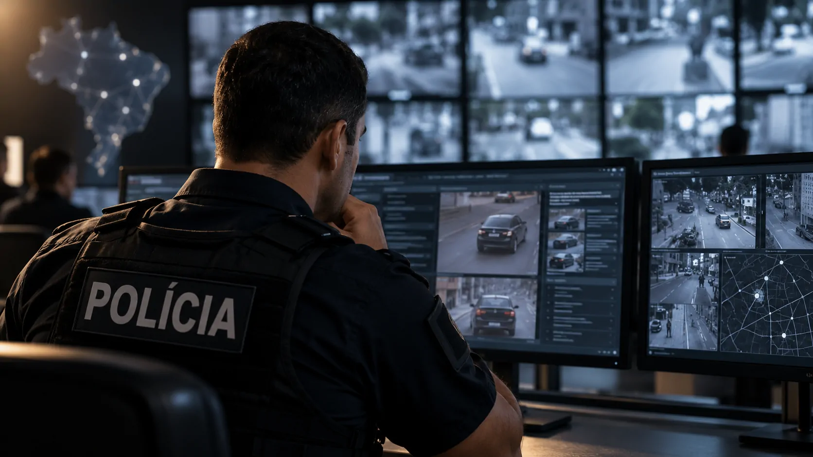 Policial utilizando inteligência artificial da Pax para cruzar informações de câmeras e encontrar pistas durante uma investigação