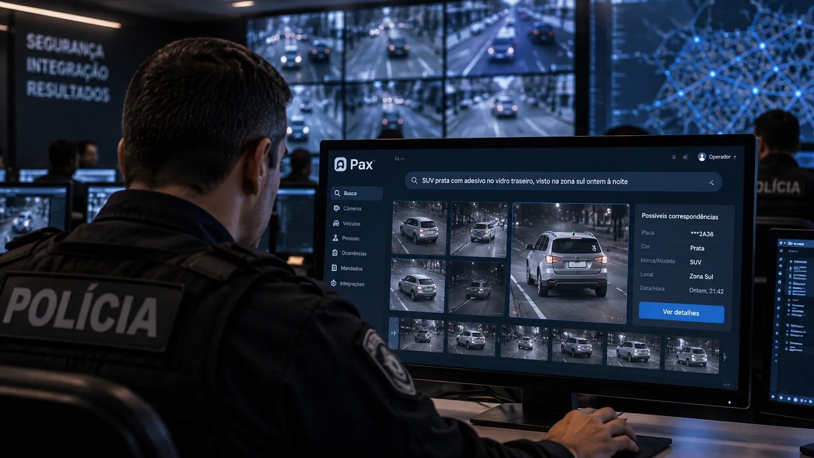Policial utilizando uma plataforma de inteligência artificial para pesquisar características de um veículo em uma central de segurança