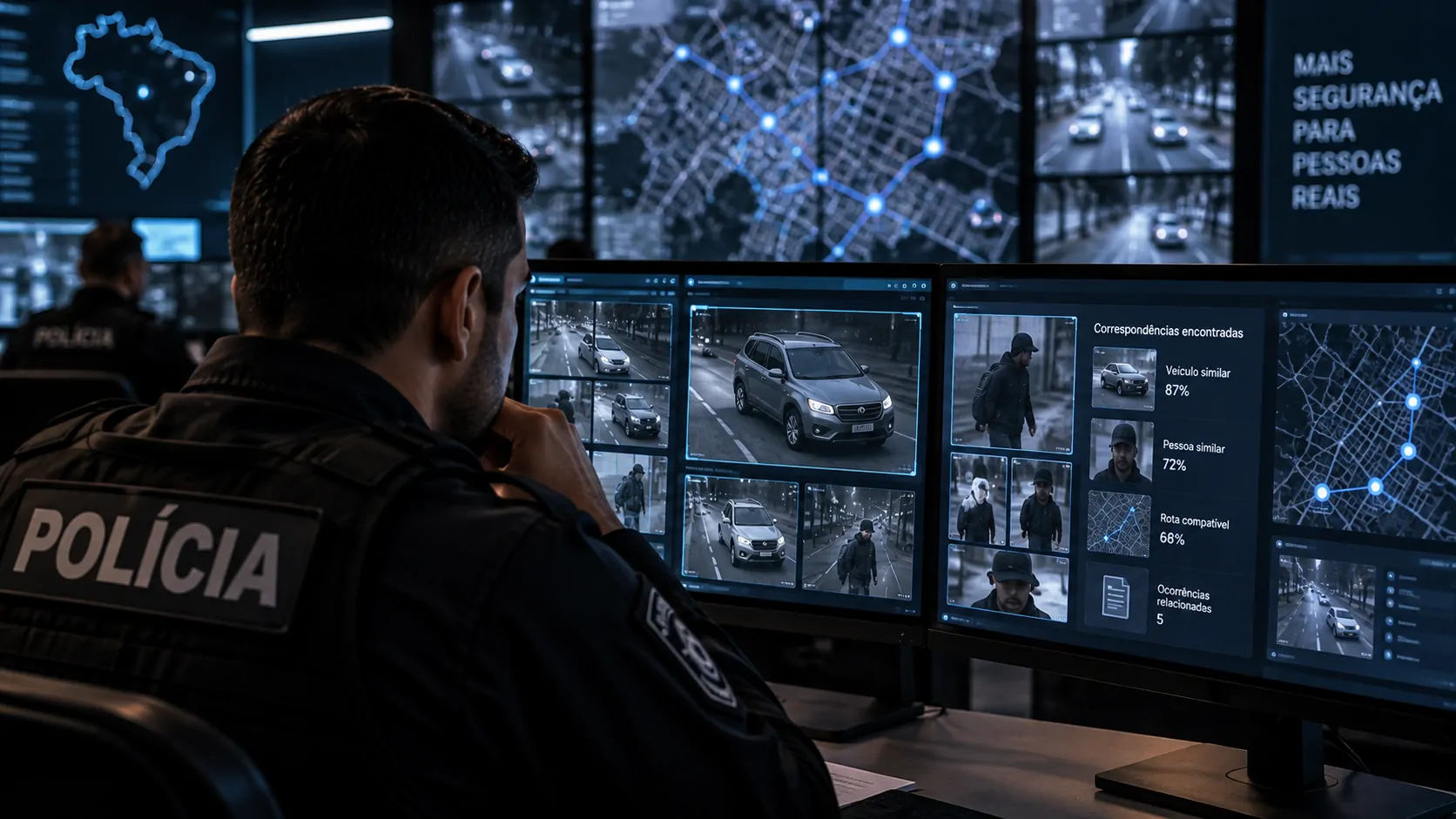 Painel de investigação policial mostrando imagens de diferentes câmeras conectadas a informações sobre veículos e ocorrências