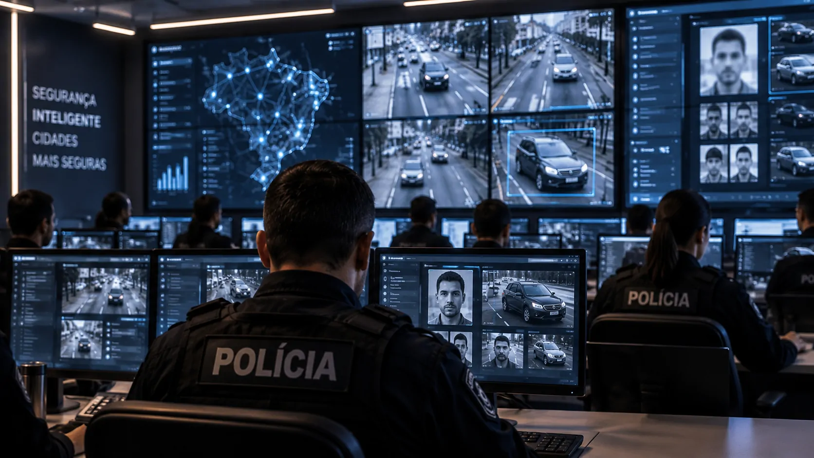 Central de segurança pública com policiais acompanhando múltiplas telas e uma interface de inteligência artificial conectando câmeras e dados