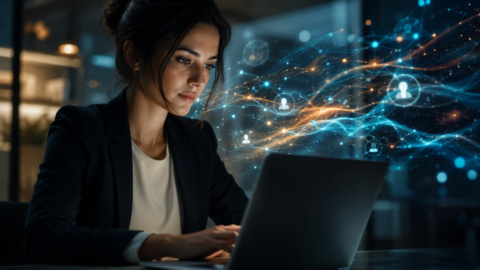 Professional using AI assistants while digital data streams symbolize conversation privacy.