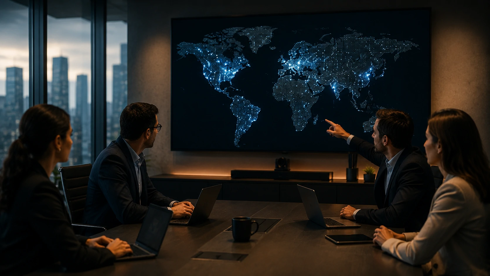 Executivos analisando indicadores de adoção de inteligência artificial