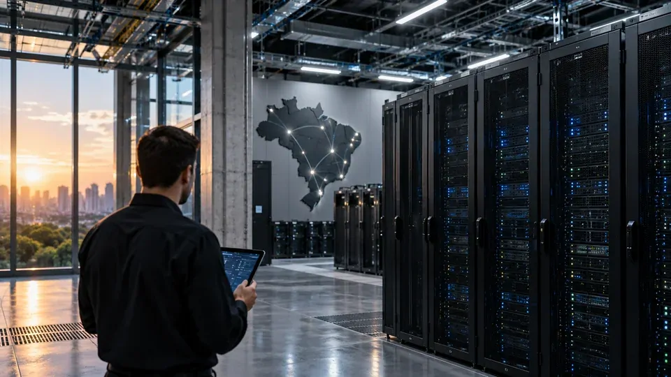 Data center brasileiro com fileiras de servidores de alta capacidade voltados para processamento de inteligência artificial