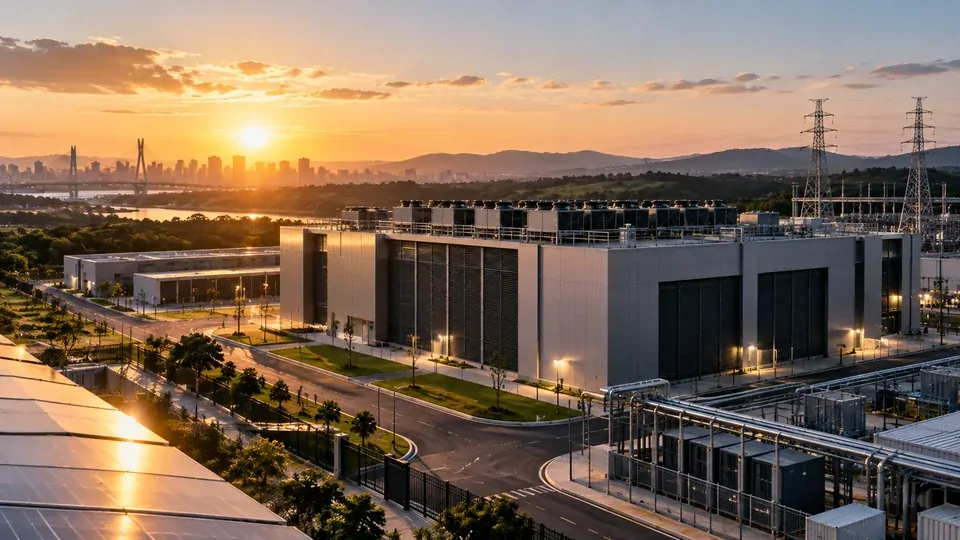 Infraestrutura de data center em expansão com servidores, sistemas de energia e conectividade de alta capacidade
