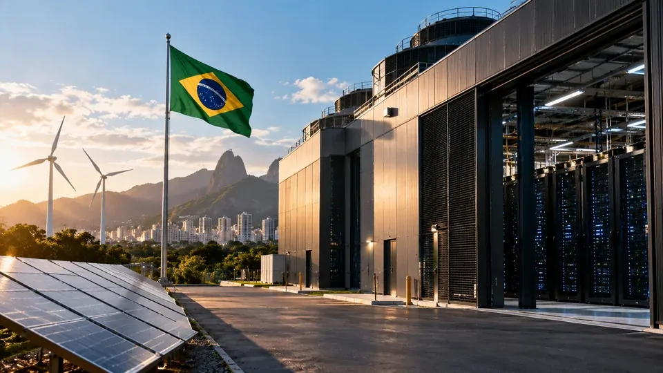 Grande data center brasileiro conectado a infraestrutura de energia renovável e redes de alta velocidade