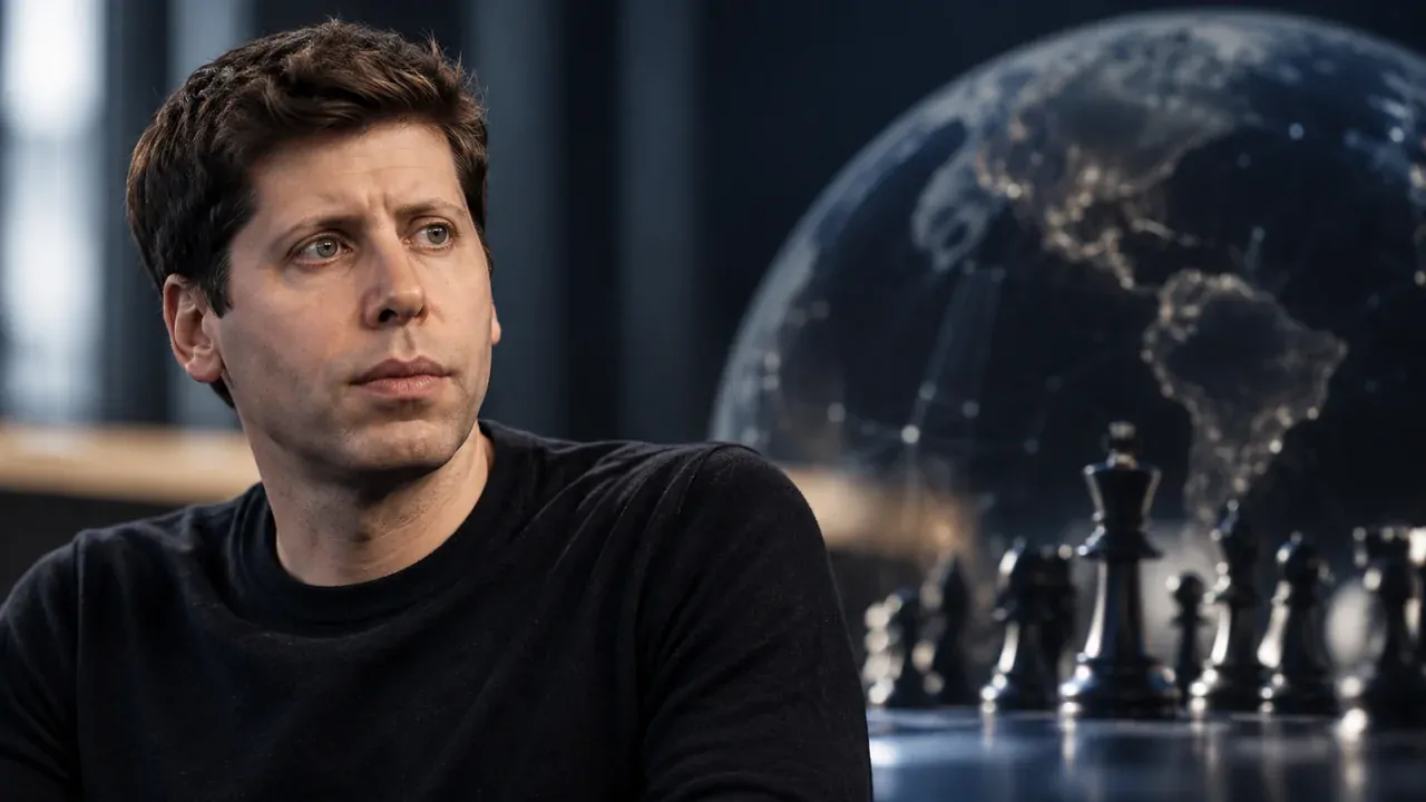 Sam Altman diante de uma representação visual da corrida da inteligência artificial sendo desacelerada por mecanismos de segurança