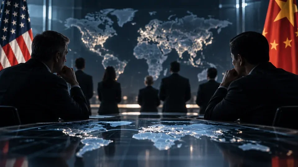 Representação da disputa global pela liderança em inteligência artificial, com laboratórios, governos e mecanismos de segurança em equilíbrio